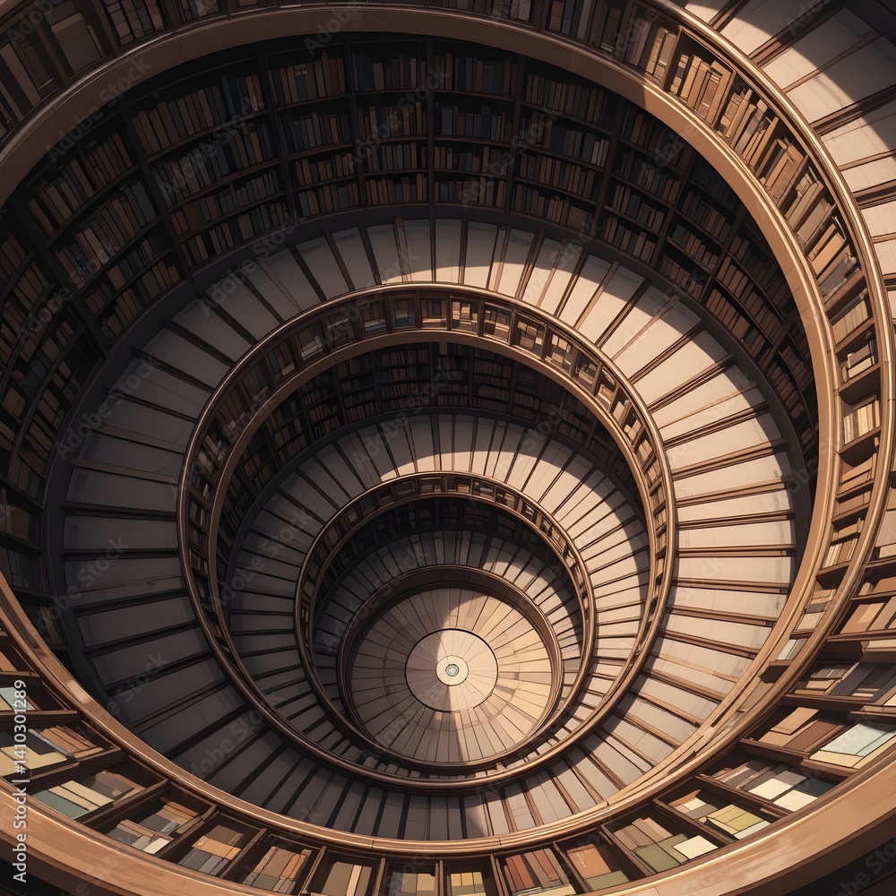 Fototapeta premium An anime-style library staircase spiral view from above, with warm wood tones and quiet shadows.