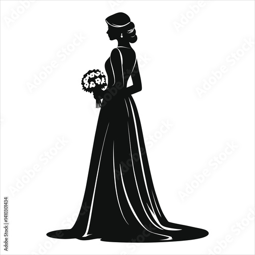 Elegant Bride Silhouette in Profile View/A sophisticated silhouette of a bride in profile view, holding a floral bouquet.