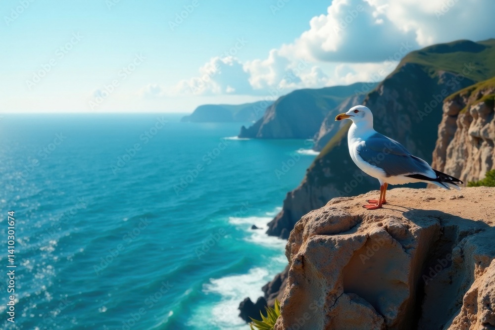 Fototapeta premium Seagulls Perched on Cliff Edge Watching the Ocean , shore, bird, ocean