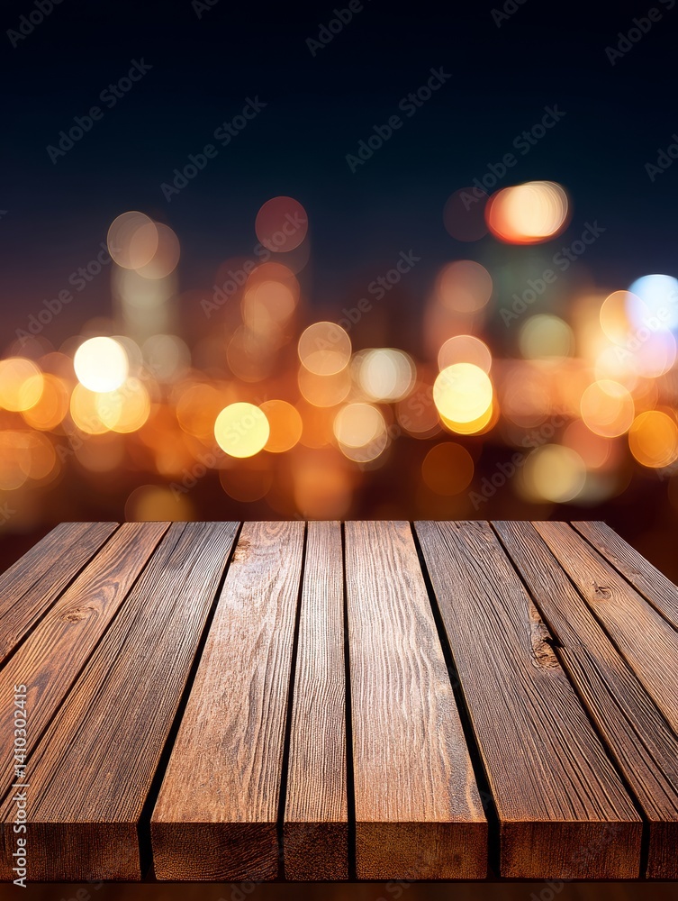 Night Cityscape Wooden Tabletop - Dark brown wooden table against a blurry backdrop of city lights at night. Perfect for product displays or design mockups Night Cityscape Wooden Tabletop - Dark brown wooden table against a blurry backdrop of city lights at night. Perfect for product displays or design mockups