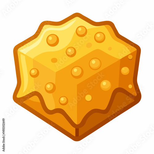 A honey cube topped with a drizzle of golden honey, placed on a wooden surface.