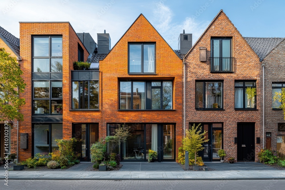 Naklejka premium Modern architecture blends with classic design in a vibrant urban neighborhood during a sunny afternoon