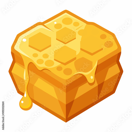 A honey cube topped with a drizzle of golden honey, placed on a wooden surface.