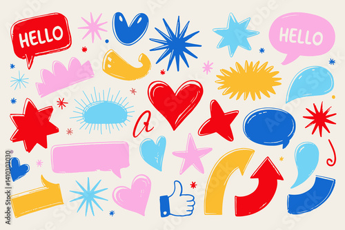 Colorful hand-drawn speech bubbles, stars, hearts, arrows, and doodles. Fun and playful elements for comics, social media, stickers, and creative designs.