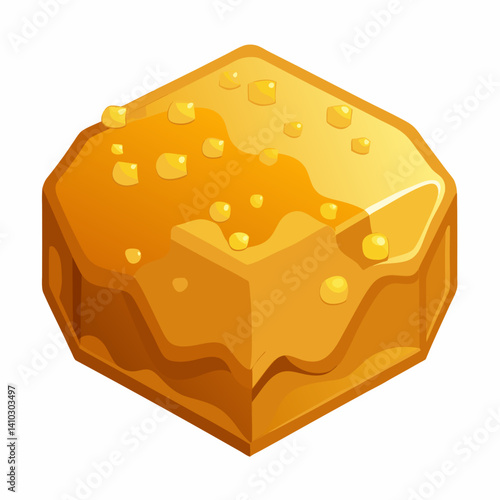 A honey cube topped with a drizzle of golden honey, placed on a wooden surface.