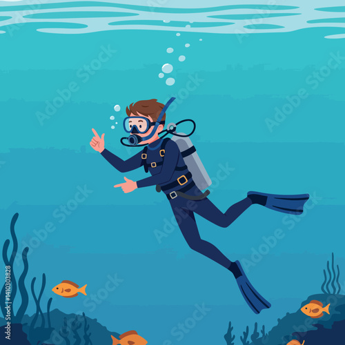 Male scuba diver exploring underwater sea life in flat style detailed vector illustration