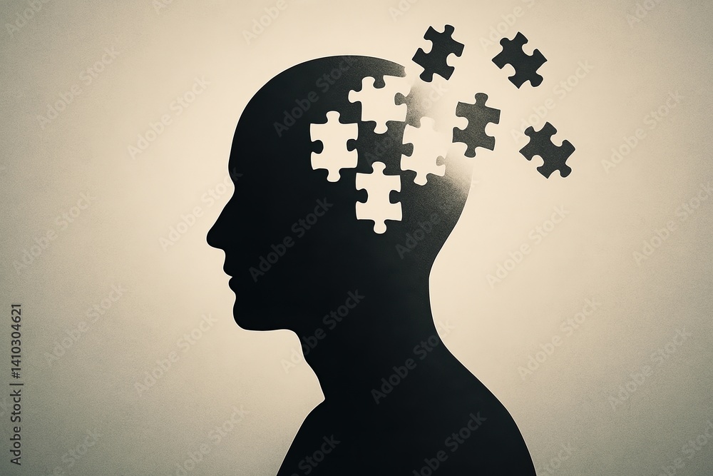 Silhouette of Head with Missing Puzzle Pieces Representing Memory Loss and Mental Health Concerns in Conceptual Art Silhouette of Head with Missing Puzzle Pieces Representing Memory Loss and Mental Health Concerns in Conceptual Art