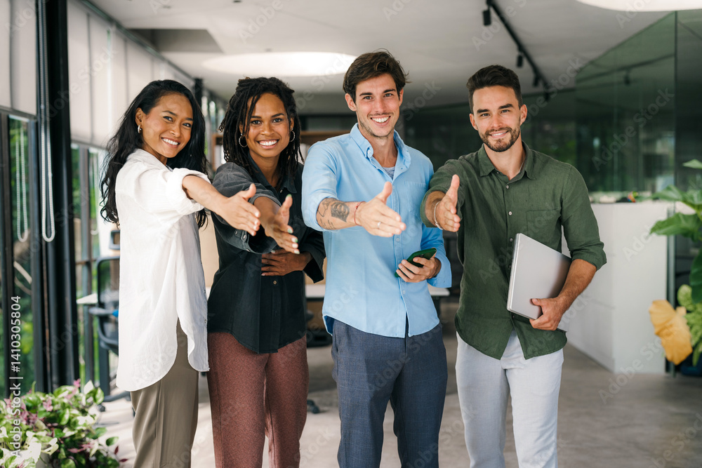 Group of busy happy diverse professional business team people working in office using digital tablet