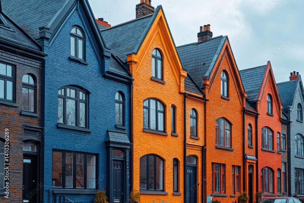 Charming row of colorful houses with striking architecture in a quaint neighborhood during overcast weather Charming row of colorful houses with striking architecture in a quaint neighborhood during overcast weather