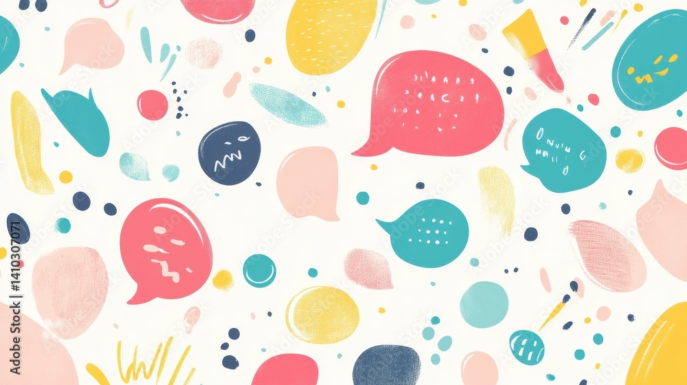 A playful and colorful pattern of speech bubbles and abstract shapes. A playful and colorful pattern of speech bubbles and abstract shapes.