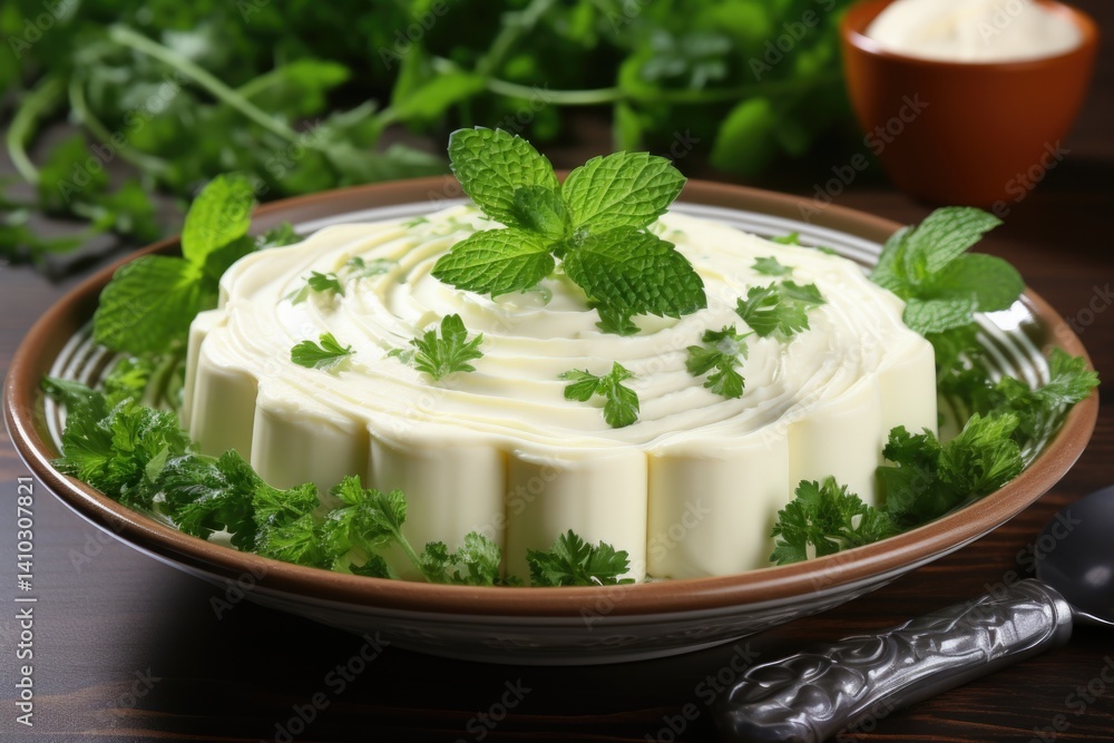 Curd cream with parsley and mint on a decorative ceramic plate