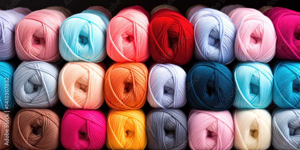 Colorful yarn balls in a craft supplies store close up
