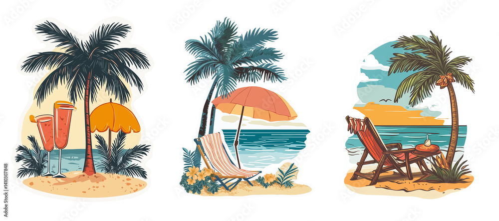 Collection set of 3 tropical beach holidays, summer travel vintage illustrations, stickers isolated on white on white or transparent background, png