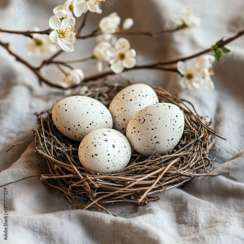 Nest with beautifully speckled eggs surrounded by delicate white blossoms on soft fabric