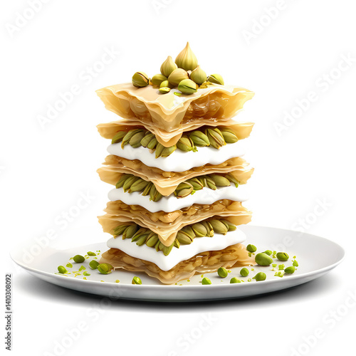 Delicious baklava dessert with pistachios and cream layered on a white plate isolated shot on transparent background