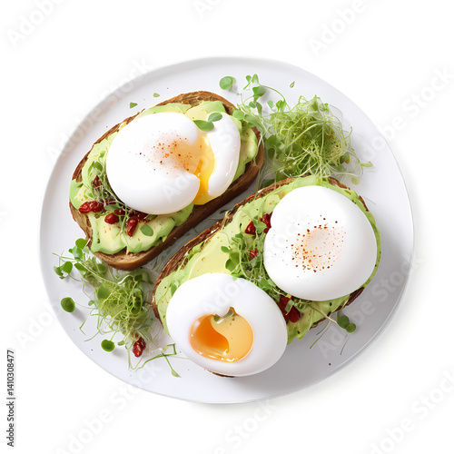 Delicious avocado toast with poached eggs and microgreens breakfast food photography close up healthy meal on transparent background