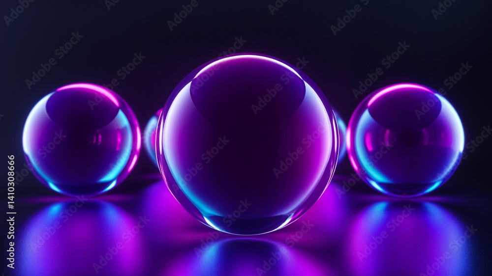 Obraz premium Three glowing purple spheres on a dark surface, ideal for futuristic, technology, abstract, and space themed design projects. Suitable for digital backgrounds.