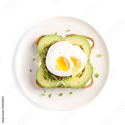 Delicious avocado toast with poached egg healthy breakfast food culinary gourmet brunch plate presentation on transparent background