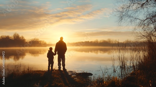 Father and son fishing together at sunrise on the lake. Bonding time.