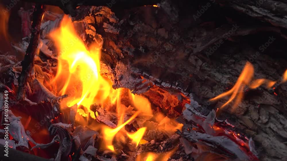 A textured close-up of a hot flames quickly burning a log into ashes. A textured close-up of a hot flames quickly burning a log into ashes.
