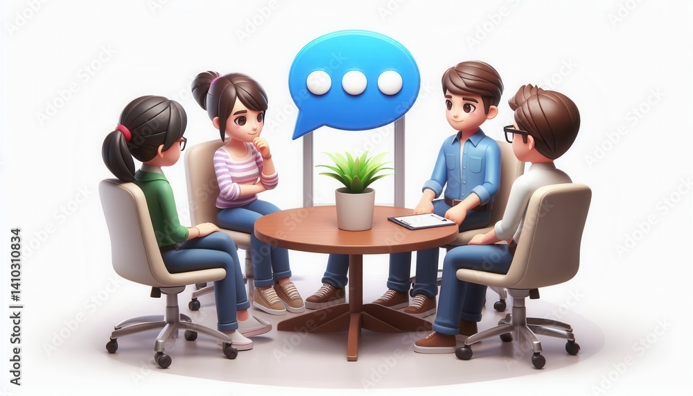 Fototapeta premium Professional office meeting with animated characters for team collaboration discussion