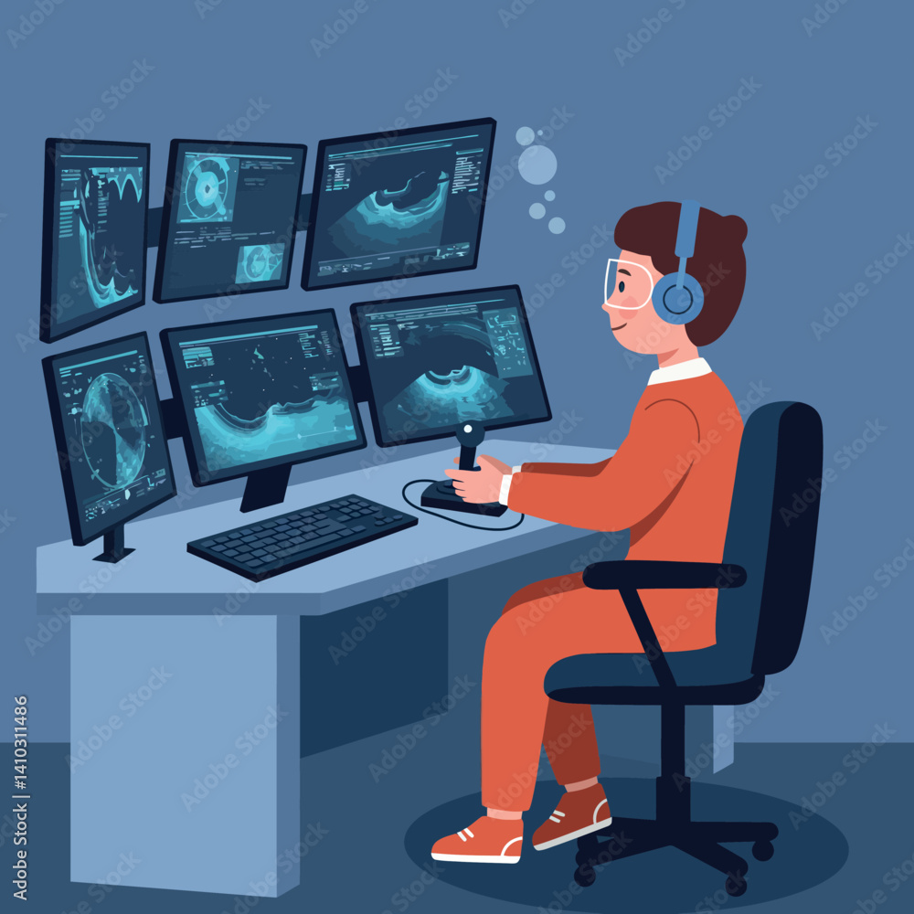 Male astronaut in orange suit operating multiple space monitoring screens in flat digital style vector illustration Male astronaut in orange suit operating multiple space monitoring screens in flat digital style vector illustration