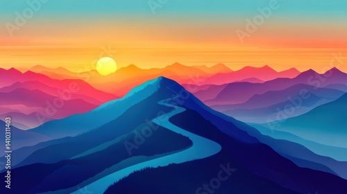 Vibrant Sunset Over Rolling Mountains and Serene River Landscape