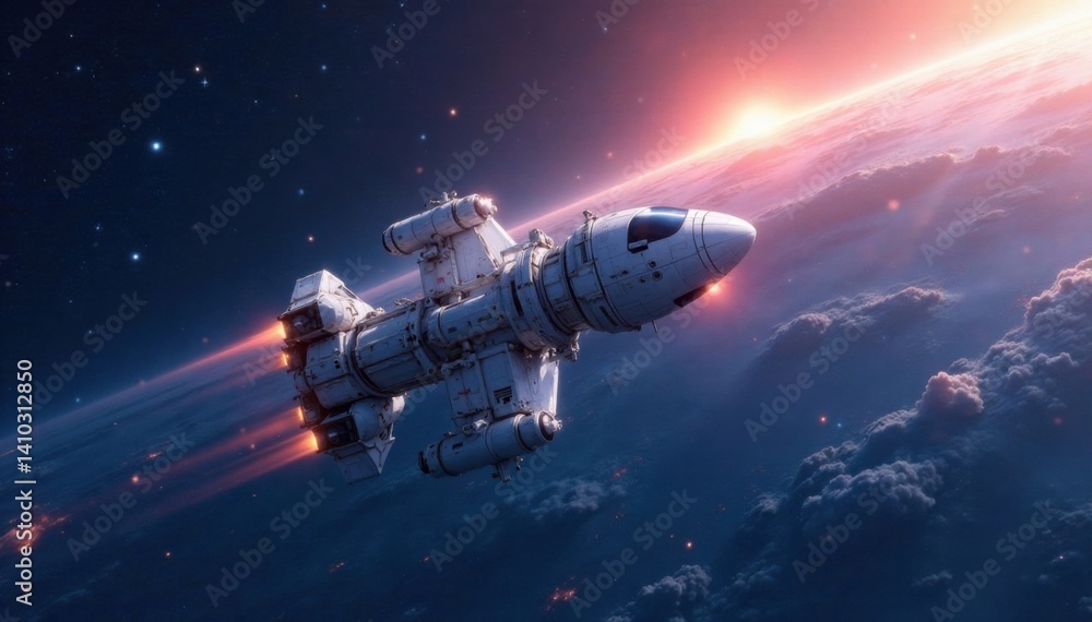 Obraz premium Space station floating in zero gravity with a stunning white galaxy background, futurism, technology, zero gravity