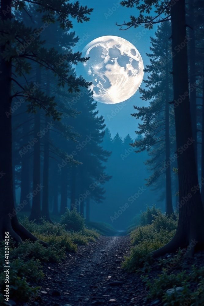 Fototapeta premium Full moon illuminates the forest with a silver glow, animals, moonlight