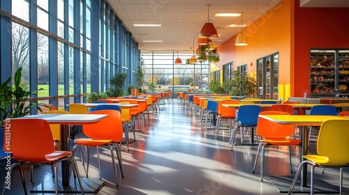 Bright colorful cafeteria interior, sunlight, park view, retail background