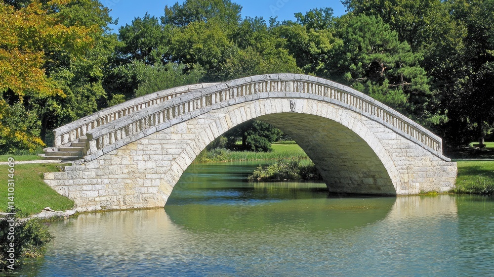 Fototapeta premium Picturesque stone arch bridge over a calm lake.