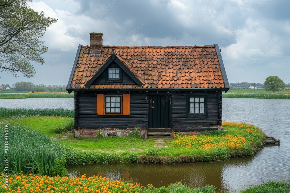 Small dark house with orange roof sits on grassy land near water. Small dark house with orange roof sits on grassy land near water.