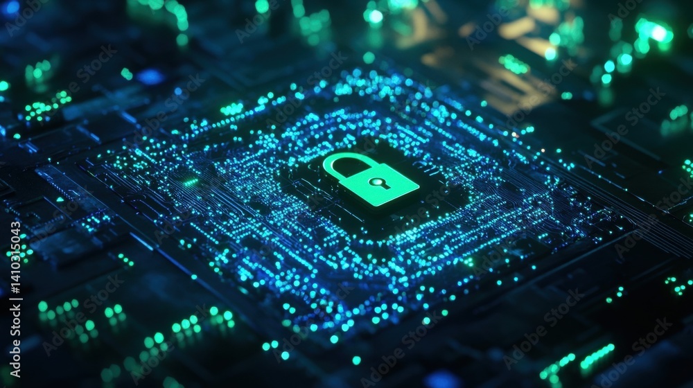 Obraz premium Digital Security Concept with Lock Symbol on Circuit Board Background