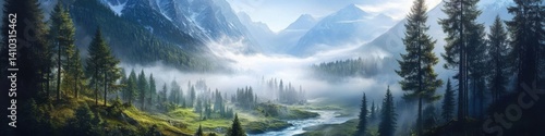 Serene Mountain Landscape with Mist Over Green Forest and River