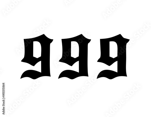 Vector isolated 999 angel number gothic font stencil shape contour colorless black and white outline silhouette shadow shape stencil solid black