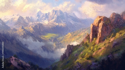 Majestic Mountain Landscape with Lush Green Valley and Clouds