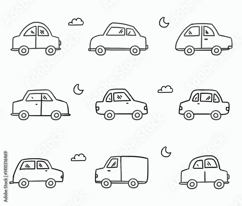 Cute car scribbles doodles vector illustration in different shape and style. Black outline style cartoon cars collection set for background, pattern, wallpaper, children book