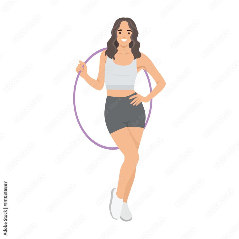 Happy woman in athletic wear poses confidently with a hula hoop. Flat vector illustration isolated on white background Happy woman in athletic wear poses confidently with a hula hoop. Flat vector illustration isolated on white background