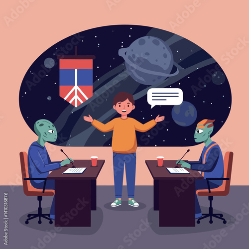 Young boy mediating with green alien creatures in futuristic space room flat colorful vector illustration