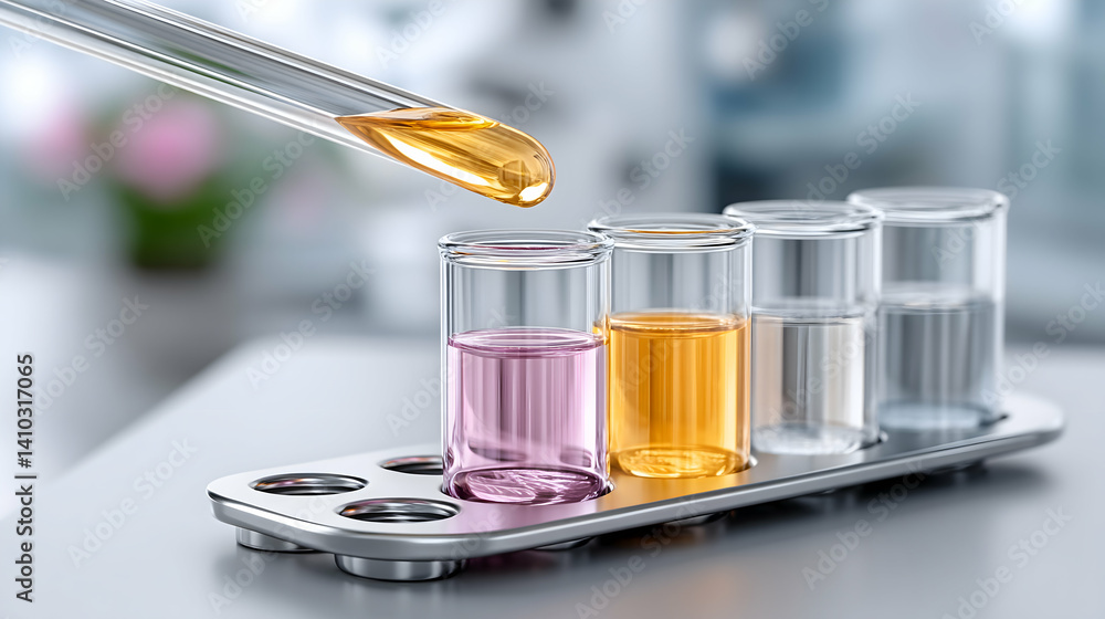 Pipette dispensing liquid into test tubes on a rack Pipette dispensing liquid into test tubes on a rack
