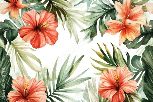 Fototapeta Naklejka Na Ścianę i Meble -  Tropical floral pattern with hibiscus and palm leaves. Lush arrangement of vibrant orange-red hibiscus flowers and various tropical foliage, creating a frame