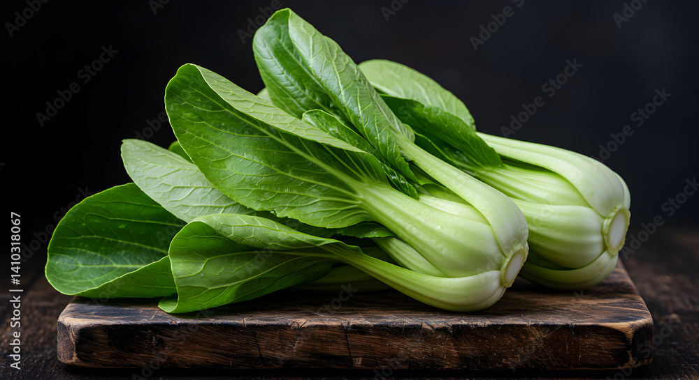 Fresh Green Bok Choy on Wooden Board Ready for Culinary Preparation