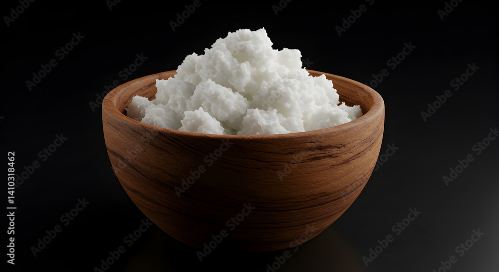 Coconut Shea Butter In Wooden Bowl On Dark Minimalist Background Coconut Shea Butter In Wooden Bowl On Dark Minimalist Background