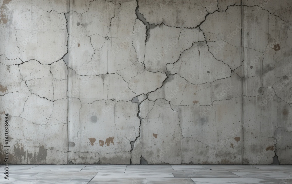 Fototapeta premium A weathered concrete wall displays an array of deep cracks and peeling paint, revealing layers of texture and age, with hints of faded colors adding character to its rugged surface.