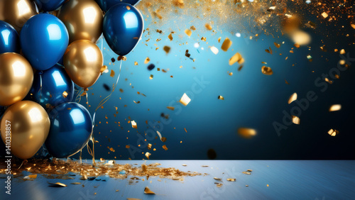 Sparkling Blue and Gold Balloons with confetti - Celebration Party Background