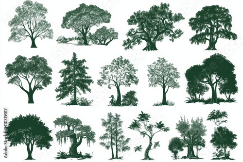 Collection of detailed tree silhouettes