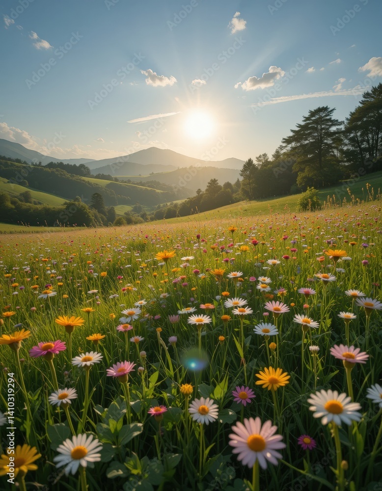 Fototapeta premium A vibrant field of wildflowers in full bloom stretches across the landscape, bathed in the warm, golden hues of a breathtaking sunset, casting a serene glow over the scene.