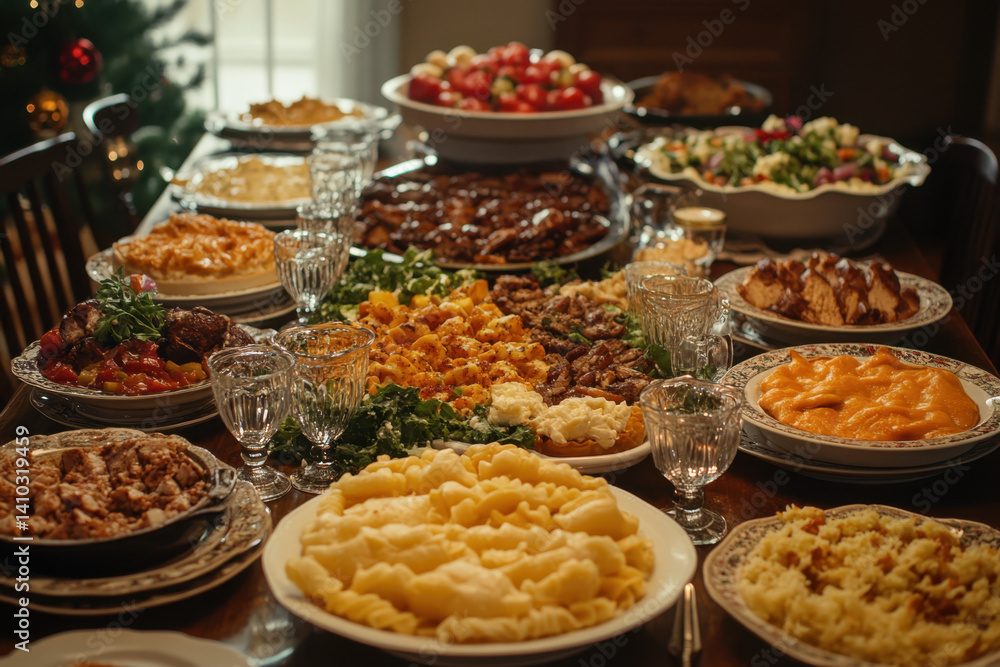 Obraz premium A festive spread on a table surrounded by a lit Christmas tree, showcasing a variety of scrumptious dishes perfect for a holiday gathering.