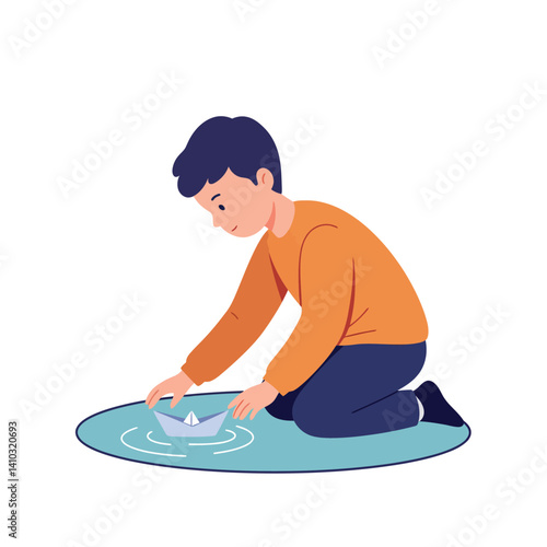 Young boy playing with paper boat on water in simple flat style vector illustration