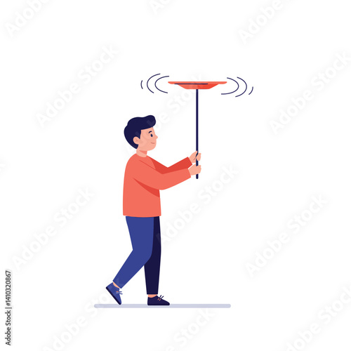 Young boy spinning red plate on stick in simple flat design style vector illustration